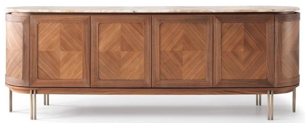 Luxury Oval solid wood sideboard cabinet brown / beige / brass - with 4 doors and marble top by Luxury Group International