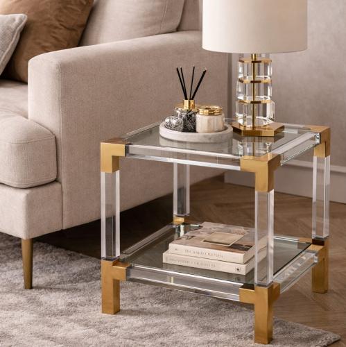 Luxury Square Acrylic Glass Brass Side Table by Luxury Group International