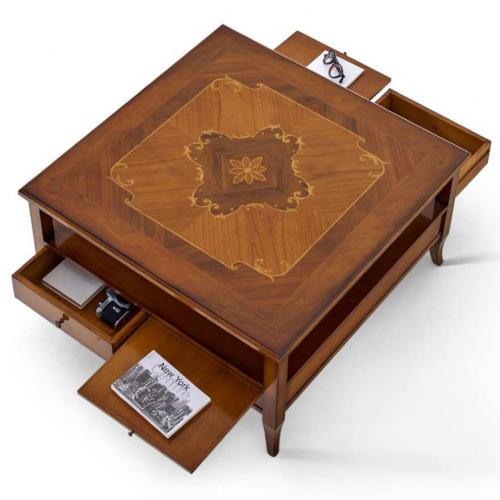 Table basse carrée de luxe avec plateau en marqueterie décorative et rangement intégré par tiroirs Vue détaillée par Luxury Group International