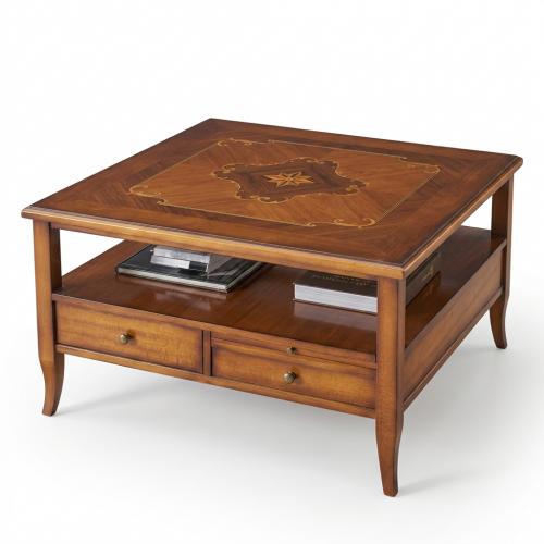 Luxury Square Coffee Table with Decorative Marquetry Top and Integrated Drawer Storage Front View by Luxury Group International