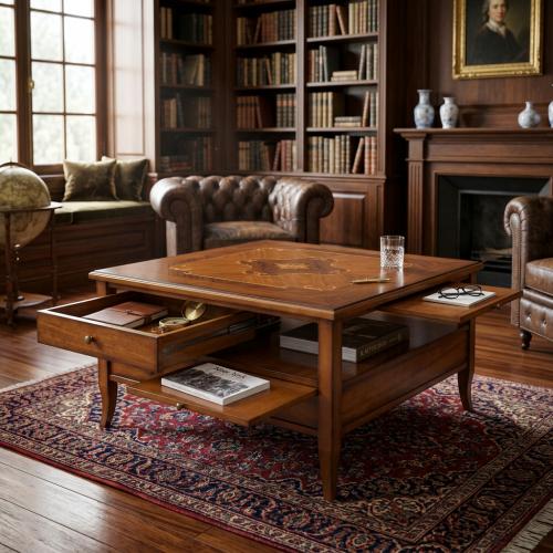 Table basse carrée de luxe avec plateau en marqueterie décorative et rangement intégré par tiroirs Vue lifestyle par Luxury Group International