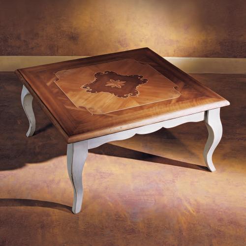 Luxury Square Coffee Table with Decorative Marquetry Walnut Top & Ivory Finish Legs Front View by Luxury Group International