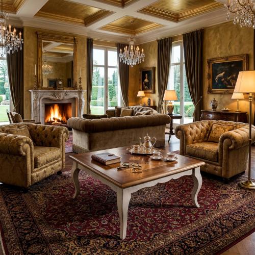 Table Basse Carrée de Luxe avec Plateau en Marqueterie de Noyer Décorative et Pieds Finition Ivoire Vue lifestyle par Luxury Group International