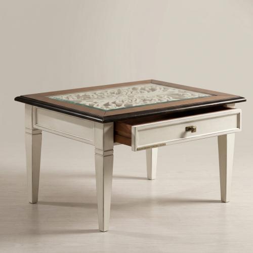 Luxury Square Coffee Table with Decorative Scrollwork Inlay Top and Concealed Drawer Storage Front View by Luxury Group International