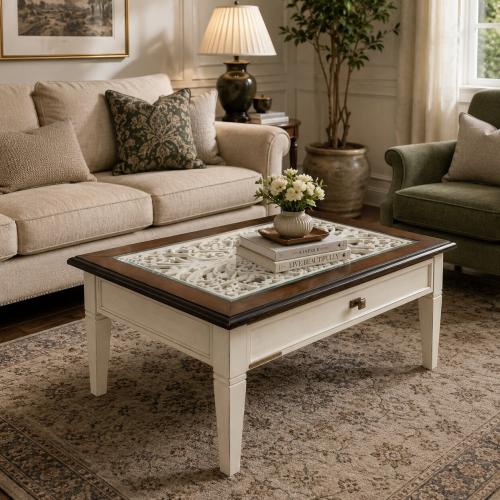 Table basse carrée de luxe avec plateau incrusté de volutes décoratives et tiroir de rangement dissimulé Vue lifestyle par Luxury Group International
