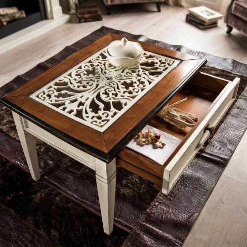Table basse carrée de luxe avec plateau incrusté de volutes décoratives et tiroir de rangement dissimulé Vue de dessus par Luxury Group International