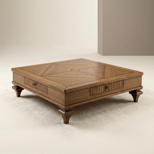 Luxury Square Coffee Table with Geometric Oak Top and Concealed Storage Drawers Front View by Luxury Group International