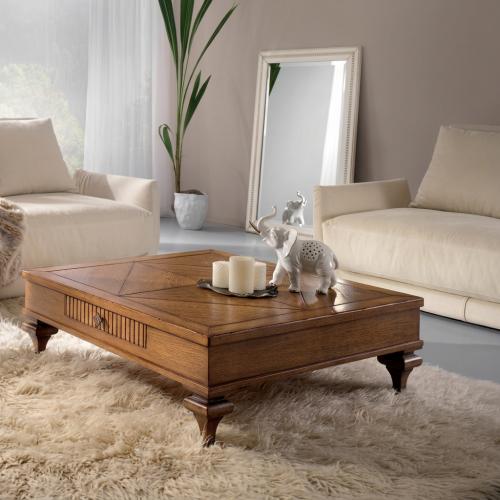 Table Basse Carrée de Luxe avec Plateau Géométrique en Chêne et Tiroirs de Rangement Cachés Vue lifestyle par Luxury Group International