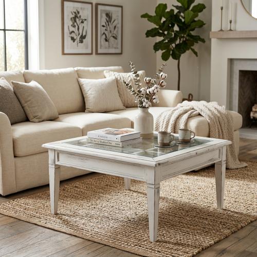 Luxury Square Coffee Table with Glass Inset Top in Distressed White Finish Lifestyle View by Luxury Group International