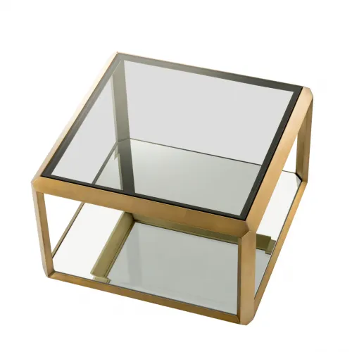 Luxury Square Double Decker Smoke Glass Side Table with Brass Frame Lower Mirror Glass by Luxury Group International