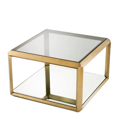 Luxury Square Double Decker Smoke Glass Side Table with Brass Frame Lower Mirror Glass by Luxury Group International