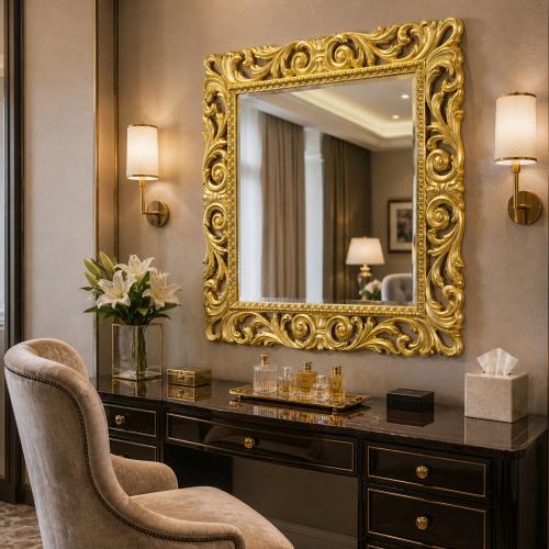 Luxury Square Gold Baroque Wall Mirror with Open Scroll Leaf Frame - Baroque Mirror Lifestyle View by Luxury Group International