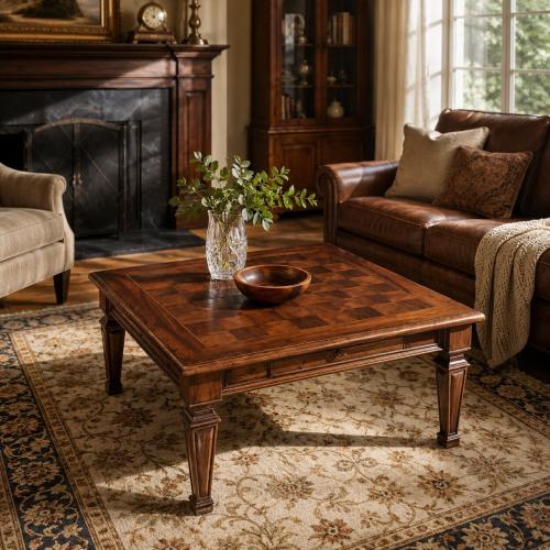 Table Basse Carrée en Bois de Luxe avec Plateau en Marqueterie Damier et Pieds Architecturaux Vue lifestyle par Luxury Group International