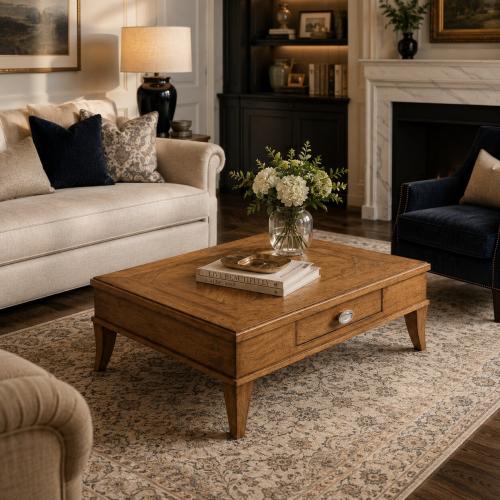 Table basse carrée en bois de luxe avec tiroir intégré - Mobilier de salon Vue lifestyle par Luxury Group International