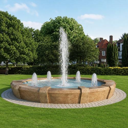 Luxury Stone-Finish Baroque Water Fountain with Radial Jet System in Wide Basin - Baroque Fountain Front View by Luxury Group International