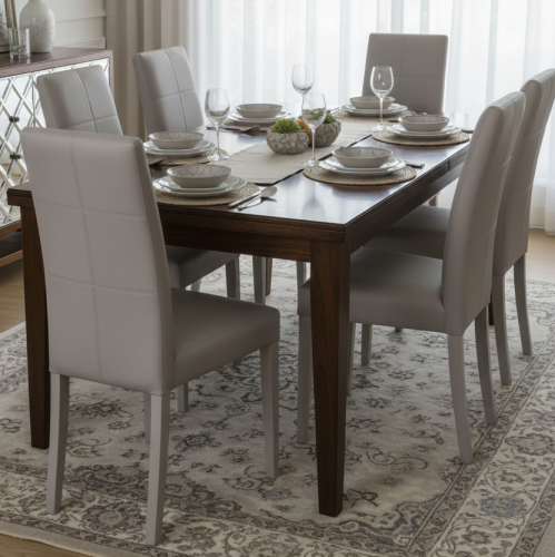 Luxury Tall Back Upholstered Dining Chair in Soft Pearl Beige with Slim Wooden Legs by Luxury Group International