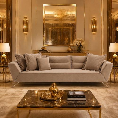 Luxury Taupe Contemporary Sofa with Sculpted Metal Base for Elegant Living Rooms by Luxury Group International