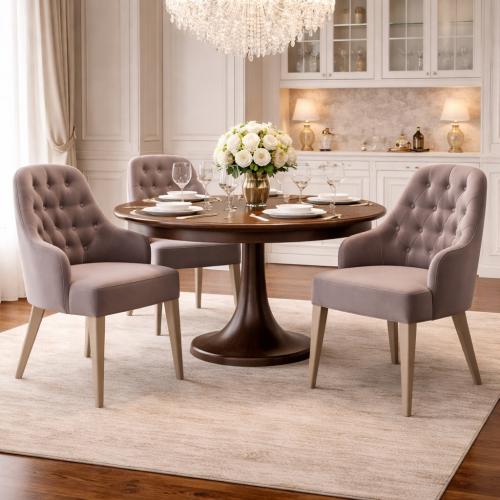 Luxury Taupe Upholstered Button-Tufted Dining Armchair with Solid Wooden Legs by Luxury Group International