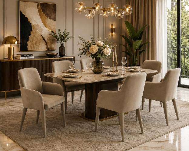 Luxury Taupe Upholstered Modern Dining Chair with Curved Armrests by Luxury Group International