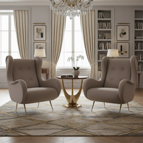 Luxus gepolsterter Ohrensessel in Taupe mit geschwungenen Formen und Messingbeinen von Luxury Group International