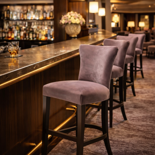 Luxury Taupe Velvet Upholstered Bar Stool with Sculpted Walnut Frame by Luxury Group International