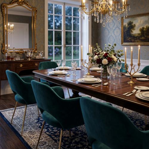 Luxury Teal Velvet Dining Armchair with Curved Open-Back Design and Gold Metal Legs Lifestyle View by Luxury Group International