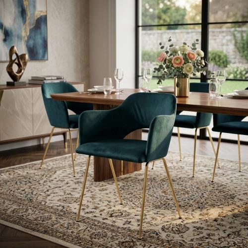 Luxury Teal Velvet Dining Armchair with Curved Open-Back Design and Gold Metal Legs Lifestyle View by Luxury Group International