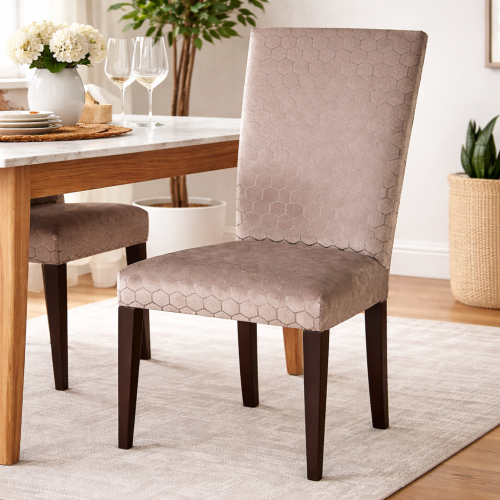 Luxury Textured High Back Upholstered Dining Chair in Taupe with Walnut Wooden Legs by Luxury Group International