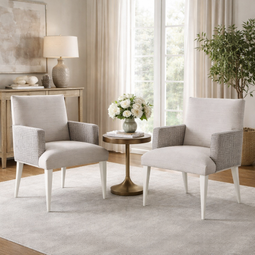 Luxury Textured Upholstered Dining Armchair in Soft Ivory with Patterned Arm Panels and Matte White Legs by Luxury Group International