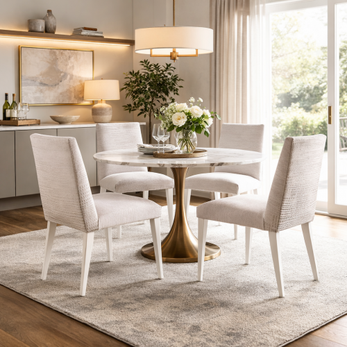 Luxury Textured Upholstered Dining Chair in Soft Ivory with Matte White Wooden Legs by Luxury Group International