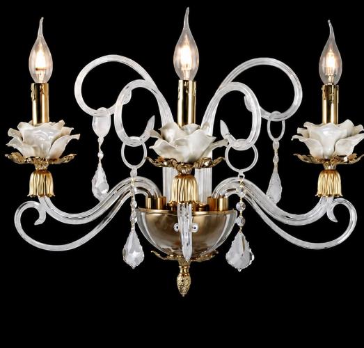 Luxury Three-Arm Crystal Wall Light with Floral Glass Detailing & Gold Accents by Luxury Group International