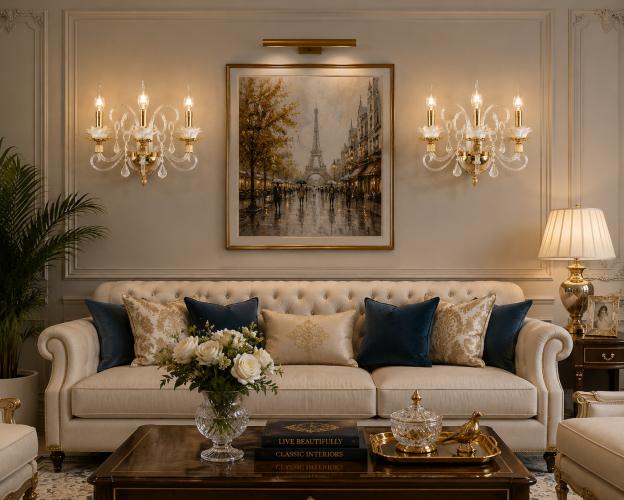 Luxury Three-Arm Crystal Wall Light with Floral Glass Detailing & Gold Accents by Luxury Group International
