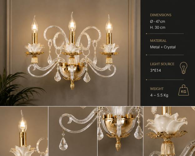 Luxury Three-Arm Crystal Wall Light with Floral Glass Detailing & Gold Accents by Luxury Group International