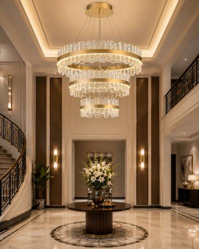 Luxury Three-Tier Gold Crystal Ring Chandelier with Integrated LED Halo Design by Luxury Group International
