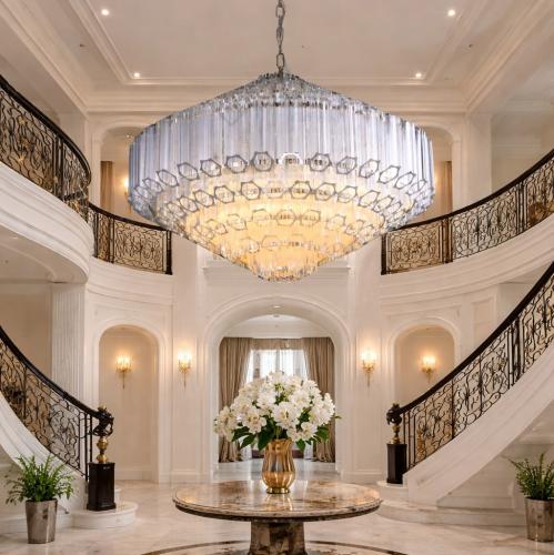 Luxury Tiered Modern Chandelier with Crystal Tubes & Polished Chrome Finish Lifestyle View by Luxury Group International