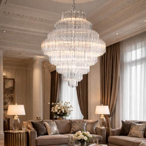 Luxury Tiered Modern Crystal Glass Rods Chrome Finish Chandelier Lifestyle View by Luxury Group International