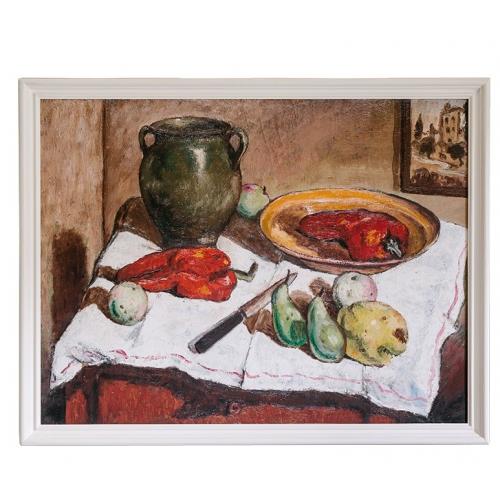 Luxury Rustic Still Life Wall Art with Vintage Ceramic Vase and Fruit Composition by Luxury Group International