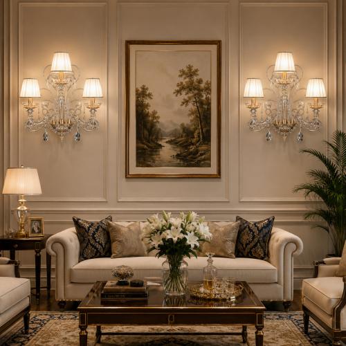 Luxury Triple Arm Crystal Gold Decorative Wall Lamp with Fabric Shades by Luxury Group International