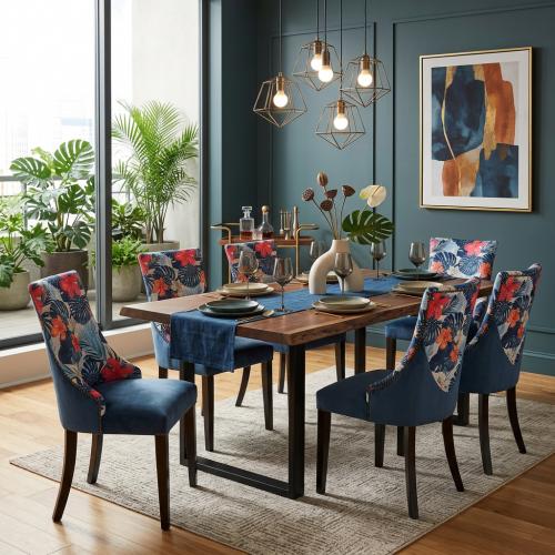 Chaise de Salle à Manger de Luxe Tropicale Rembourrée avec Dossier à Imprimé Botanique et Assise en Velours Vue lifestyle par Luxury Group International