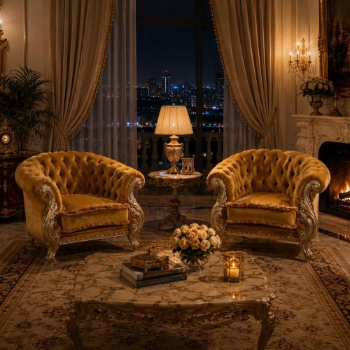 Luxury Tufted Baroque Armchair Sofa in Golden Velvet & Plum Velvet Variations with Pearl Carved Frame Lifestyle View by Luxury Group International