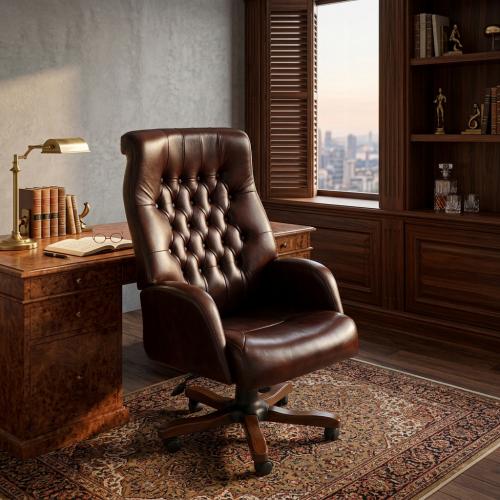 Silla de Oficina Chesterfield de Cuero con Capitoneado de Lujo en Acabado Marrón Chocolate - Mobiliario de Oficina Vista lifestyle por Luxury Group International