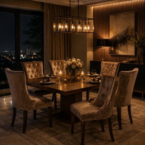 Chaise de Salle à Manger de Luxe en Velours Capitonné avec Dossier Courbé - Finitions Velours Rouge/Velours Beige Vue lifestyle par Luxury Group International