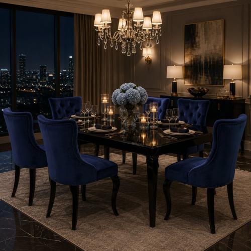 Luxus Samt Esszimmerstuhl mit Knopfheftung und Geschwungenem Rückenlehne – Royal Blue/Taupe Samt-Ausführungen Lifestyle-Ansicht von Luxury Group International