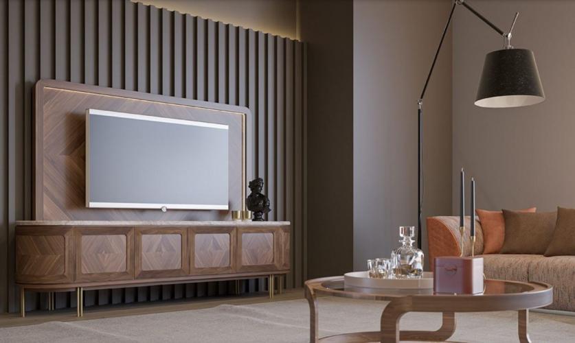 Set di Mobile TV di Lusso marrone / beige / ottone con Piano in Marmo Bianco di Luxury Group International