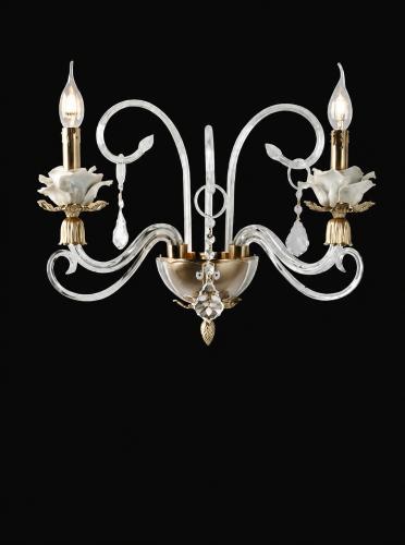 Luxury Two-Arm Crystal Wall Sconce with Floral Glass Detailing & Gold Accents by Luxury Group International