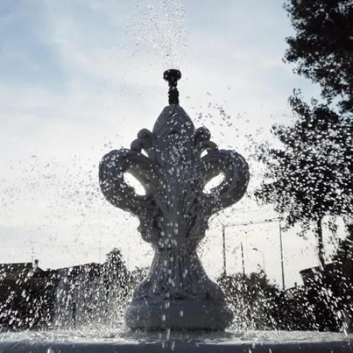 Luxury Two-Tier White Stone Baroque Fountain with Sculpted Finial - Baroque Fountain Detail View by Luxury Group International
