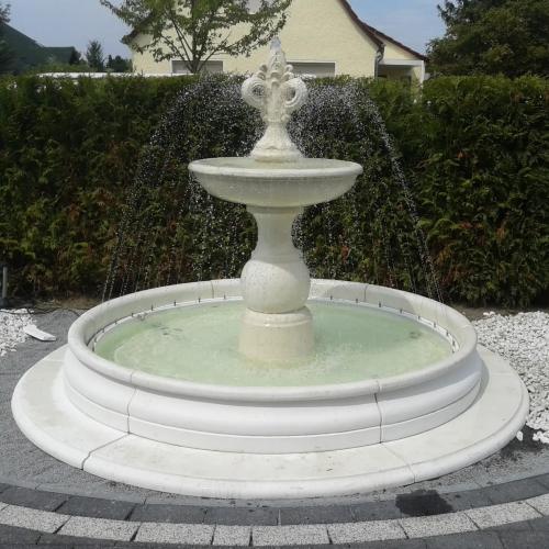 Luxury Two-Tier White Stone Baroque Fountain with Sculpted Finial - Baroque Fountain Front View by Luxury Group International