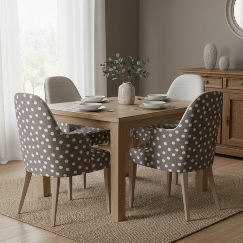 Luxury Two-Tone Polka Dot Upholstered Dining Armchair in Taupe Finish with Wooden Legs by Luxury Group International