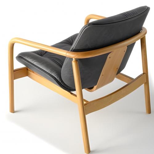 Luxury Upholstered Armchair in Charcoal Black Leather with Button-Tufted Back in Natural Wooden Frame by Luxury Group International