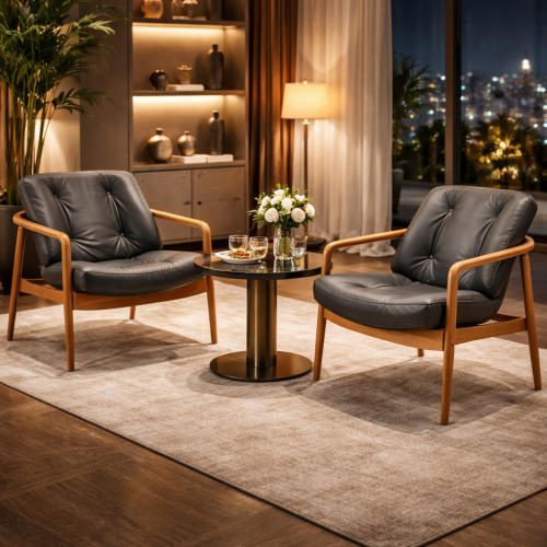 Luxury Upholstered Armchair in Charcoal Black Leather with Button-Tufted Back in Natural Wooden Frame by Luxury Group International